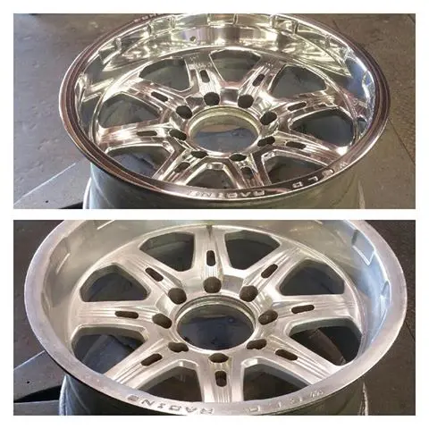 Two pictures of a rim before and after being polished.